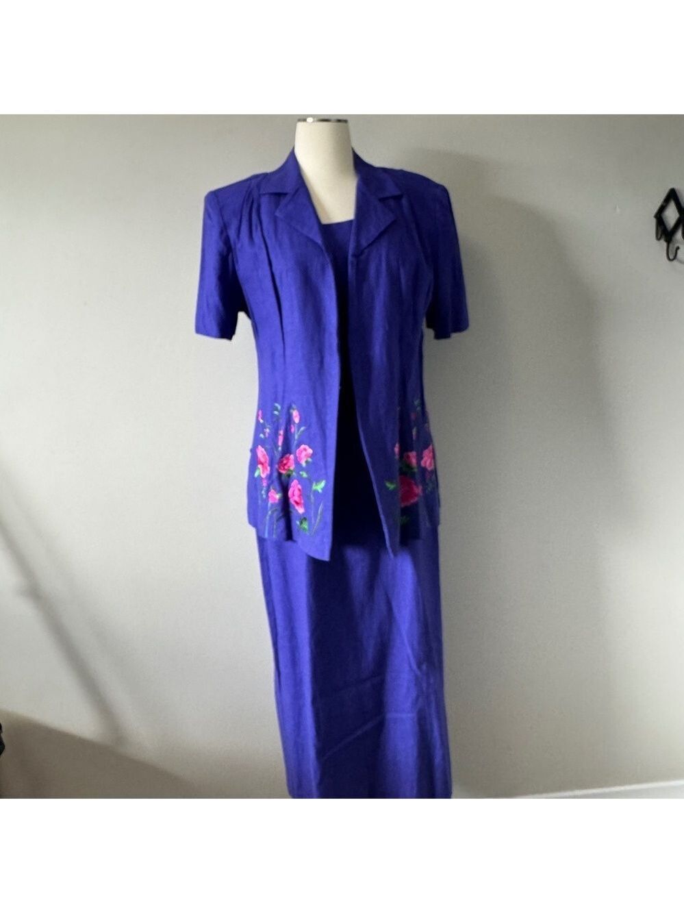 Sag Harbor Blue Maxi Dress with Pink Floral Accents linen blend